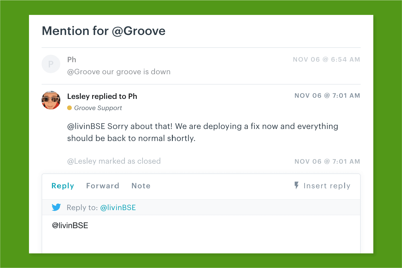 Twitter mentions funnel through the Groove Inbox