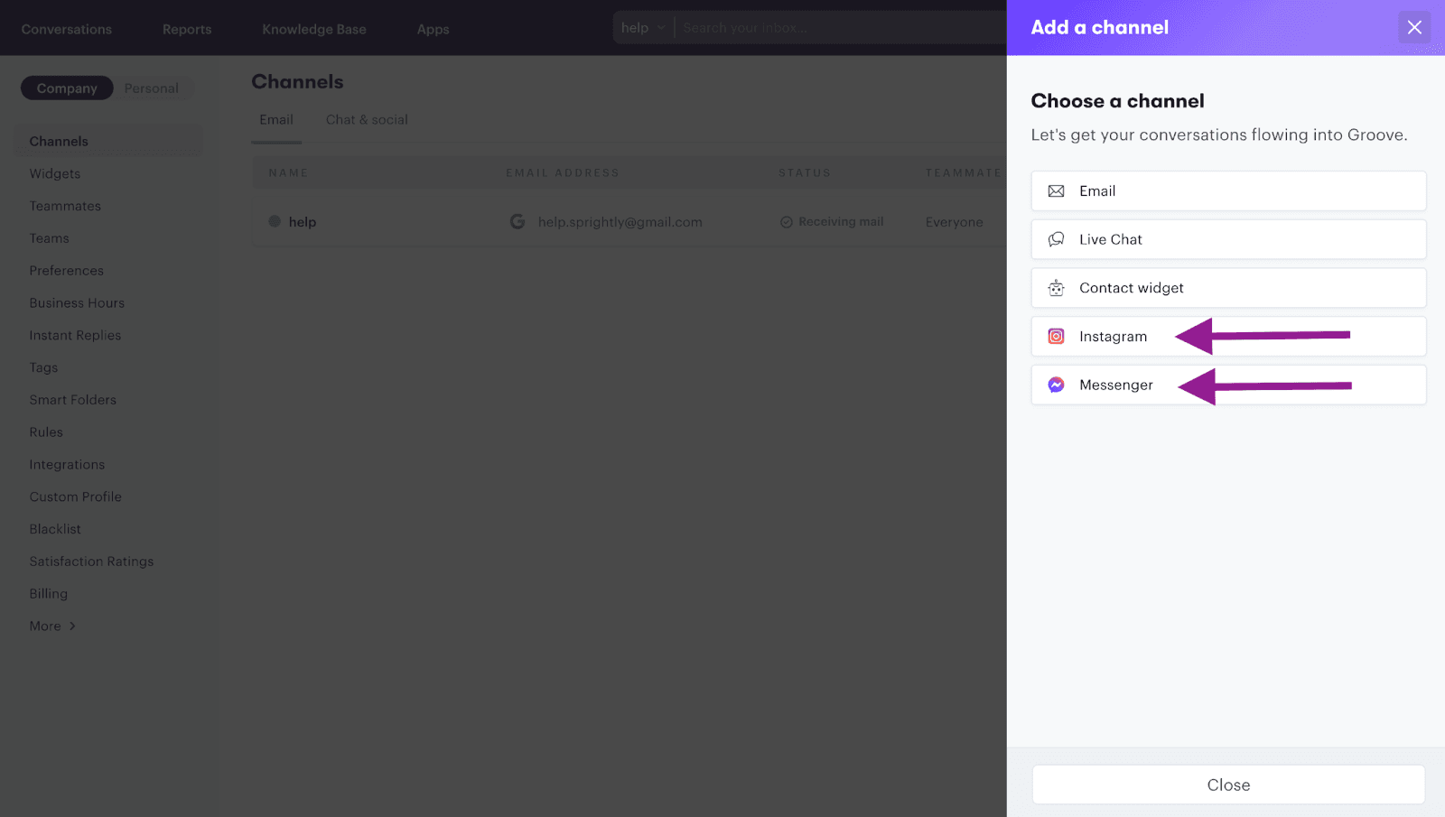 Choose your communication channel in Groove, either Instagram or Facebook Messenger.
