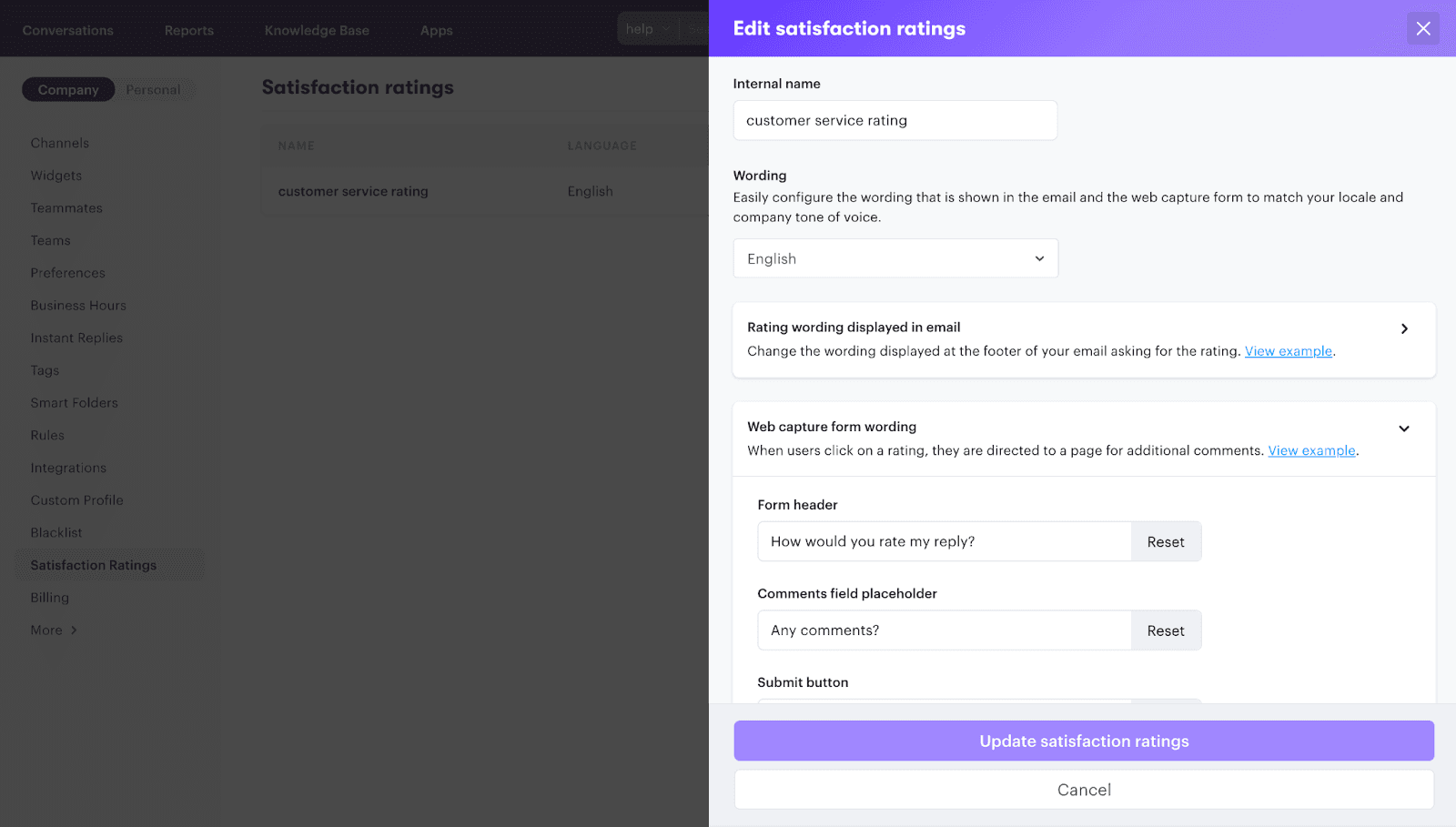 An example of editing satisfaction ratings (CSAT) via Groove, which enables automatic surveys.