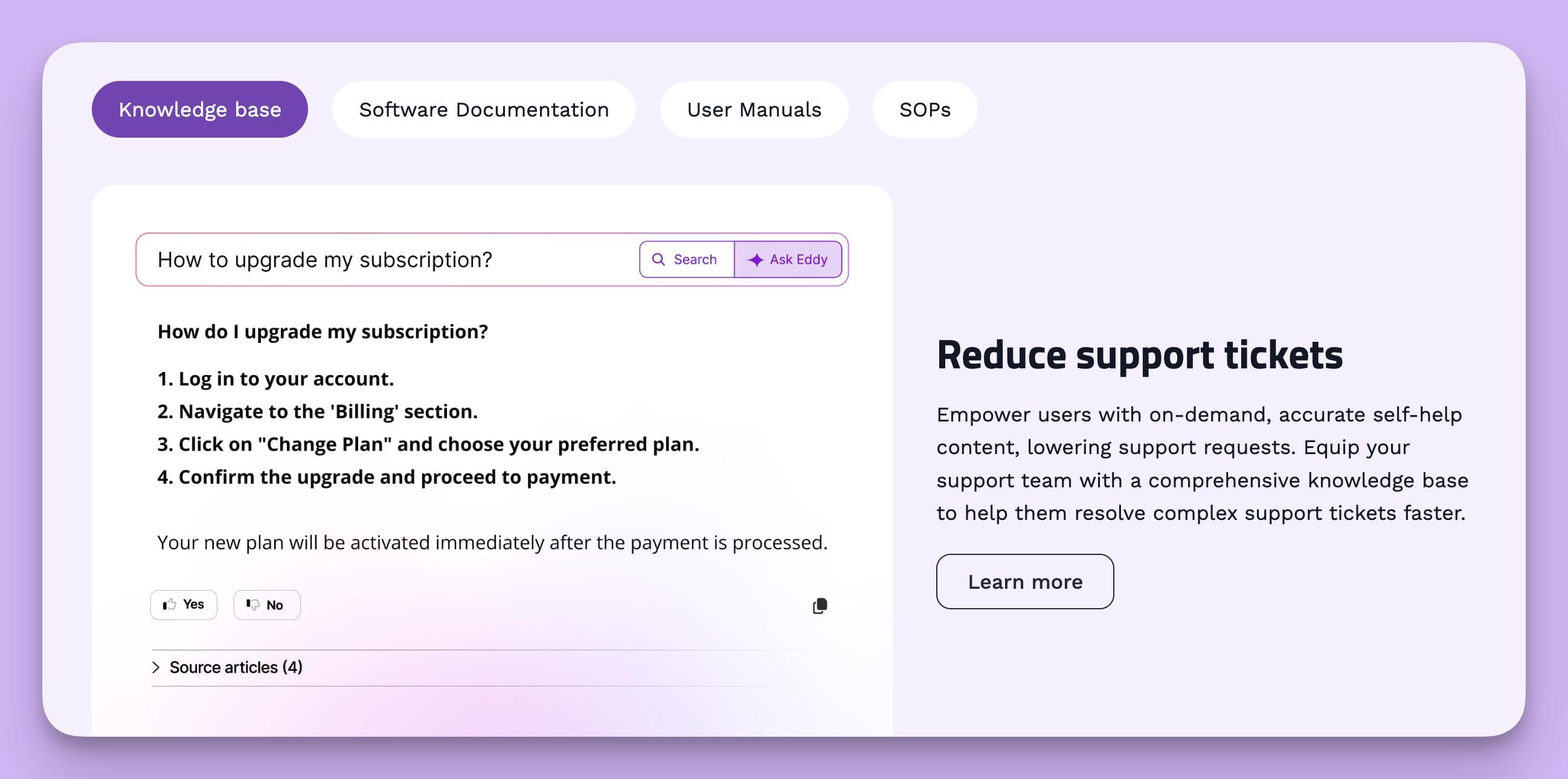 The user interface for the Document360 AI knowledge base, showing a help article that answers "How do I upgrade my subscription?" with numbered steps.