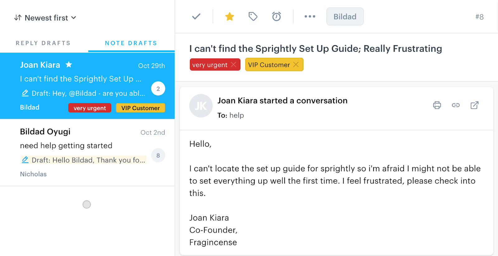 An example of a customer inquiry received in Groove through Gmail integration.