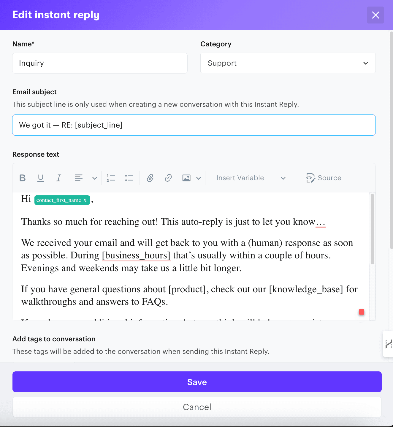 Screenshot of Groove's Instant Reply template for customer service