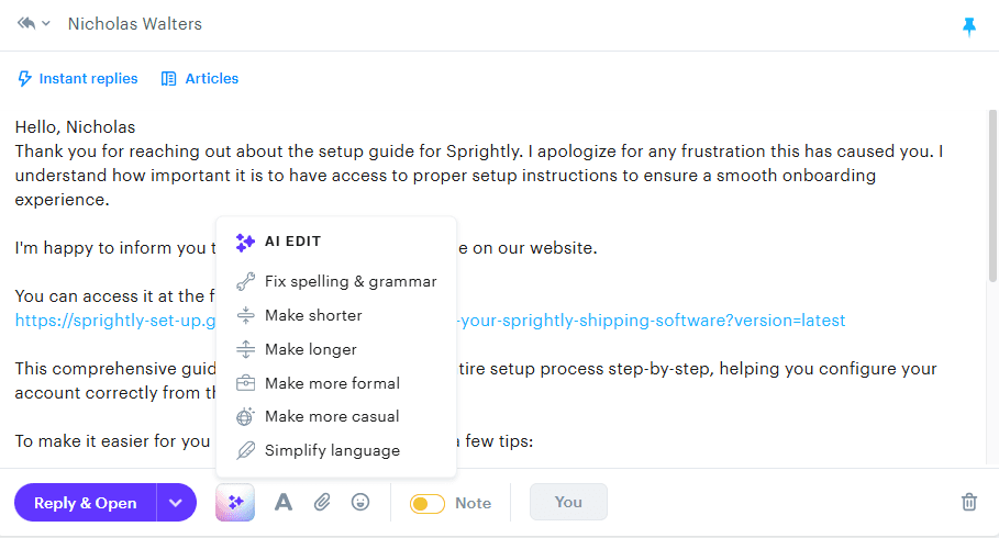 Groove reply being edited with Groove's own AI features.