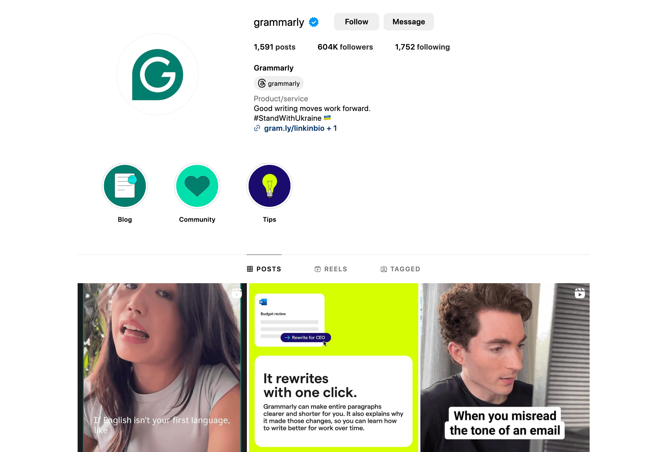 Grammarly's Instagram which reflects social media presence.