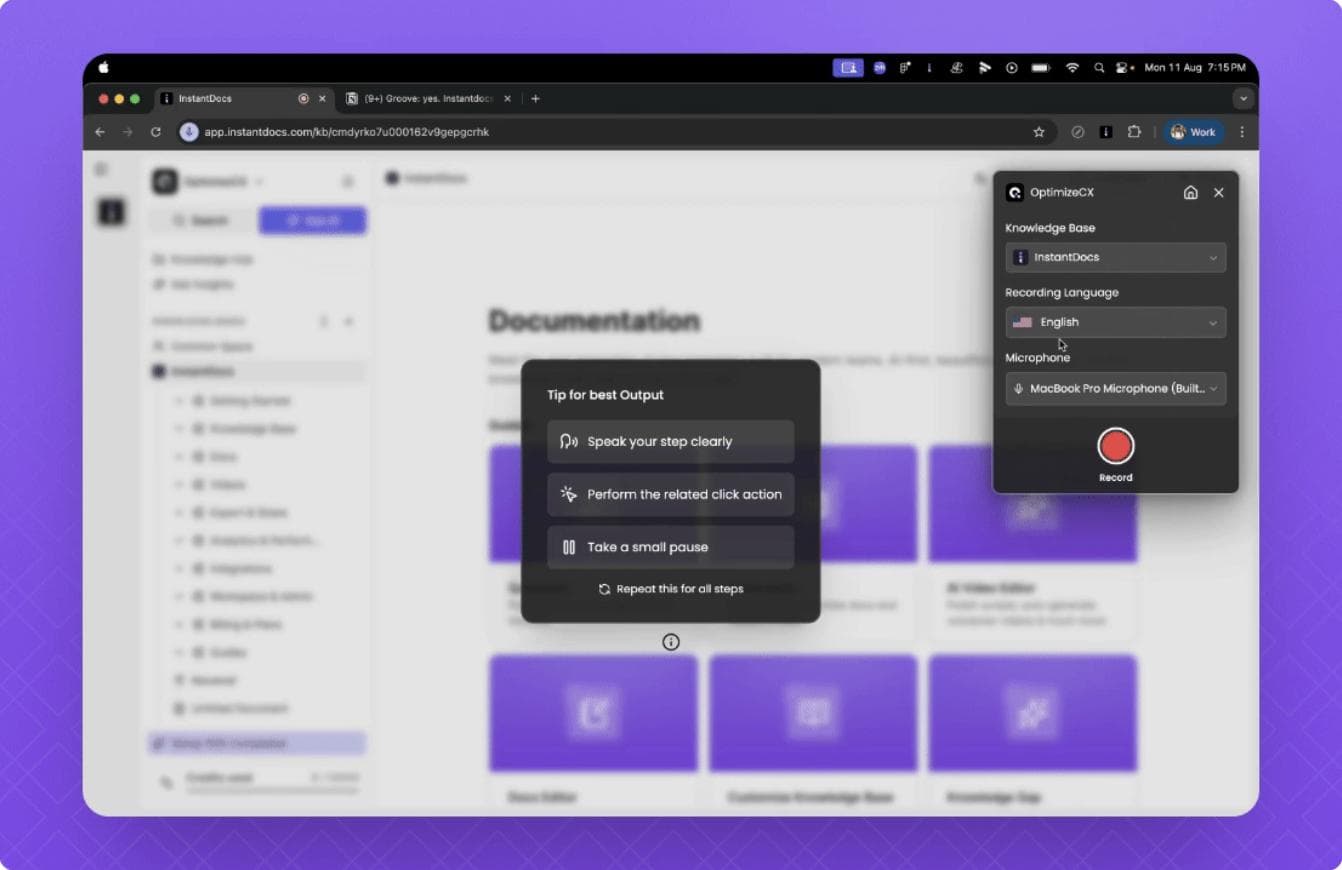 The InstantDocs AI recorder extension, a key feature of its AI knowledge base, showing settings for microphone and recording language before capturing a workflow.