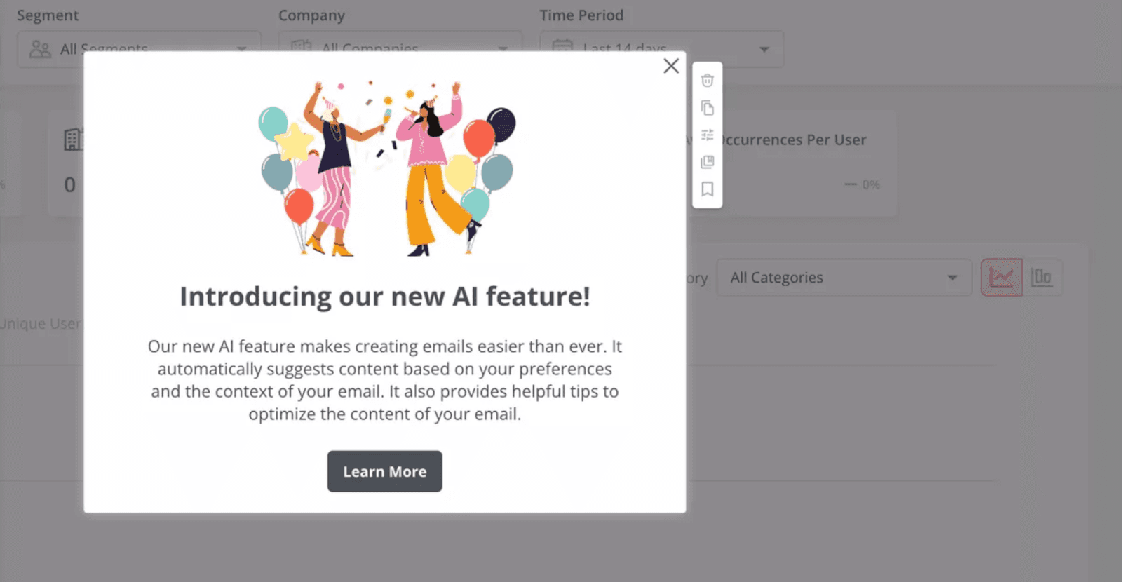 Modals are a form of in-app guidance that creates a prompted pop-up message with clear CTA.