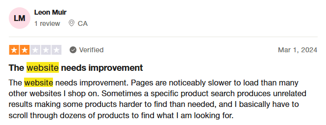 Trustpilot review left regarding poor website functionality.