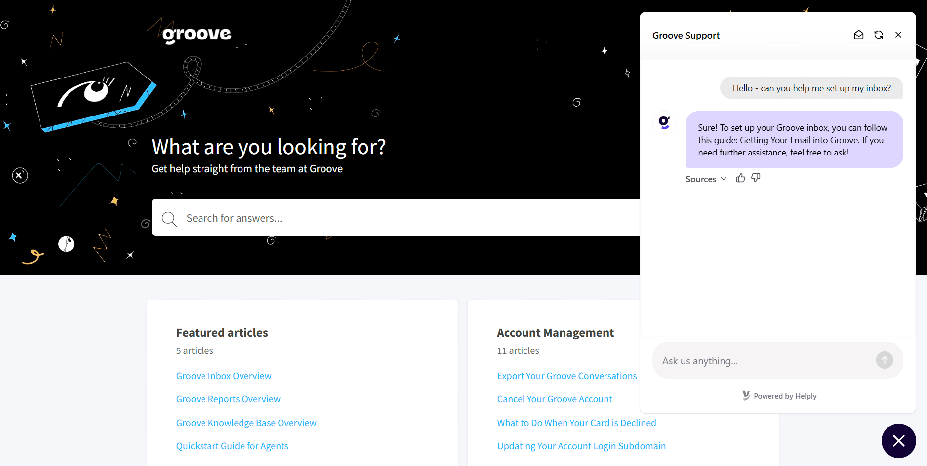 Helply deployed on the Groove website, across the Knowledge Base landing page.