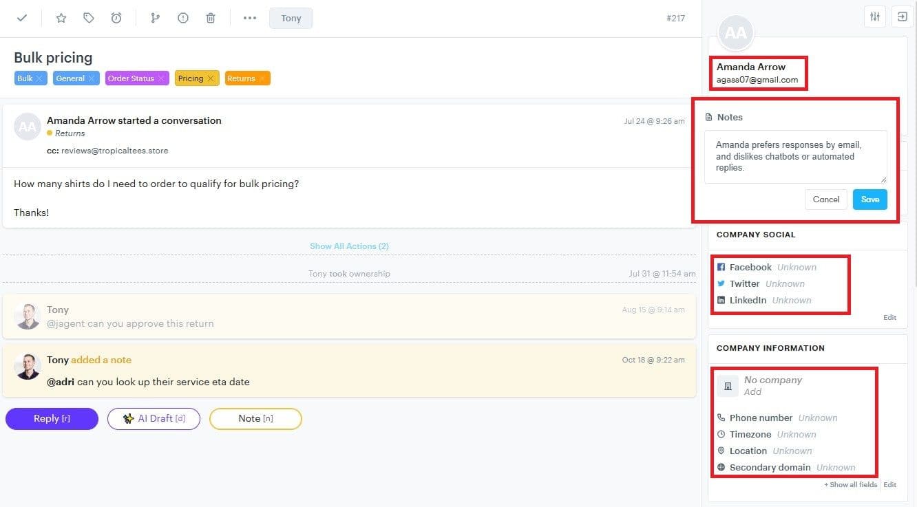 An example of how you can edit and customize a customer's profile view in Groove.