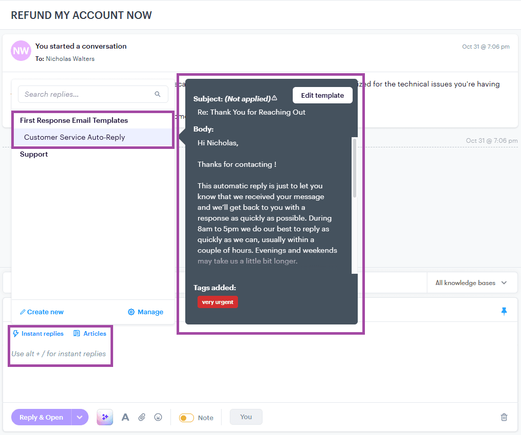 An automated email template built within Groove's instant replies.