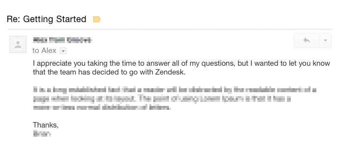 good testimonials examples: a letter from potential customer who decided to go with Zendesk