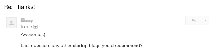 Email asking for startup blogs recommendations