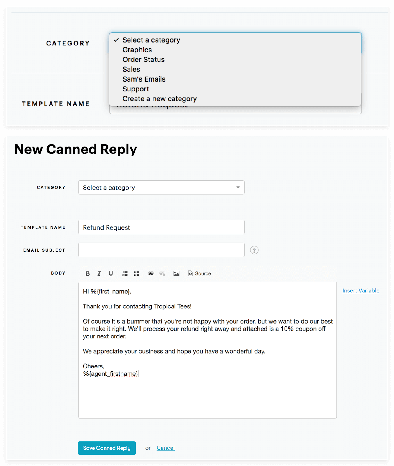 Using canned replies within a ticket platform