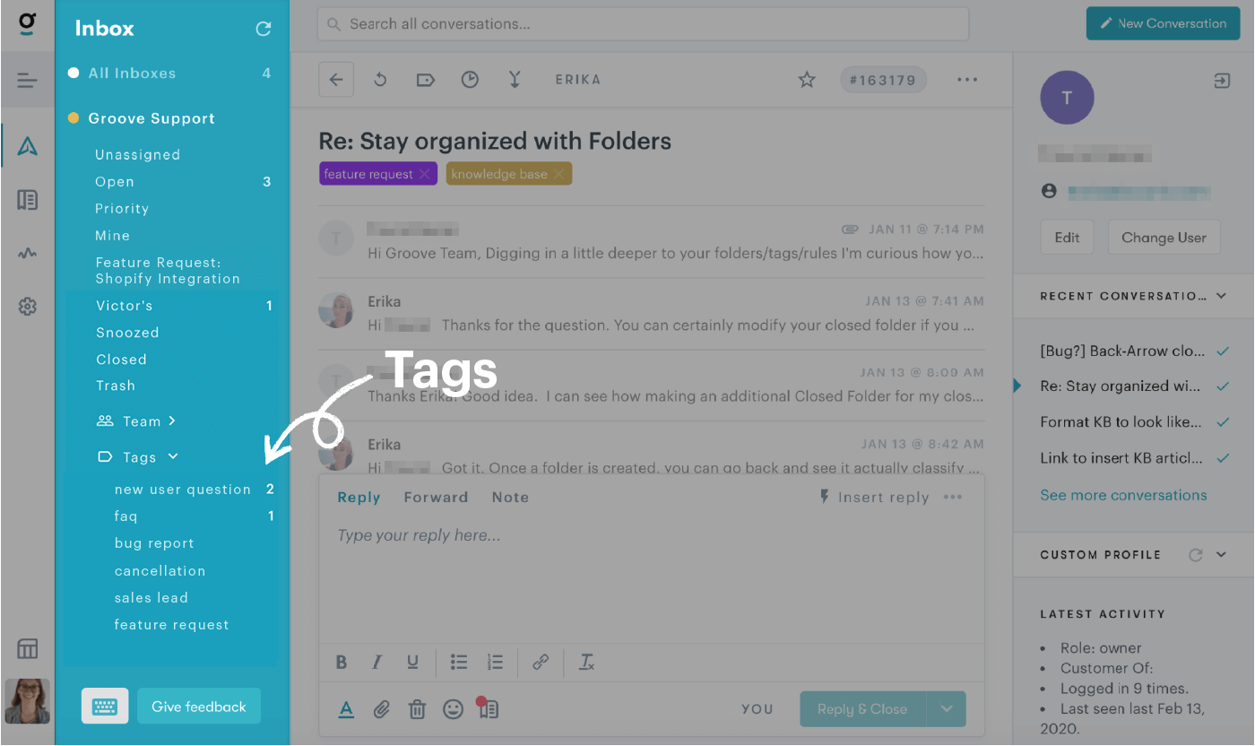 screenshot of how we use tags in groove for small business customer service