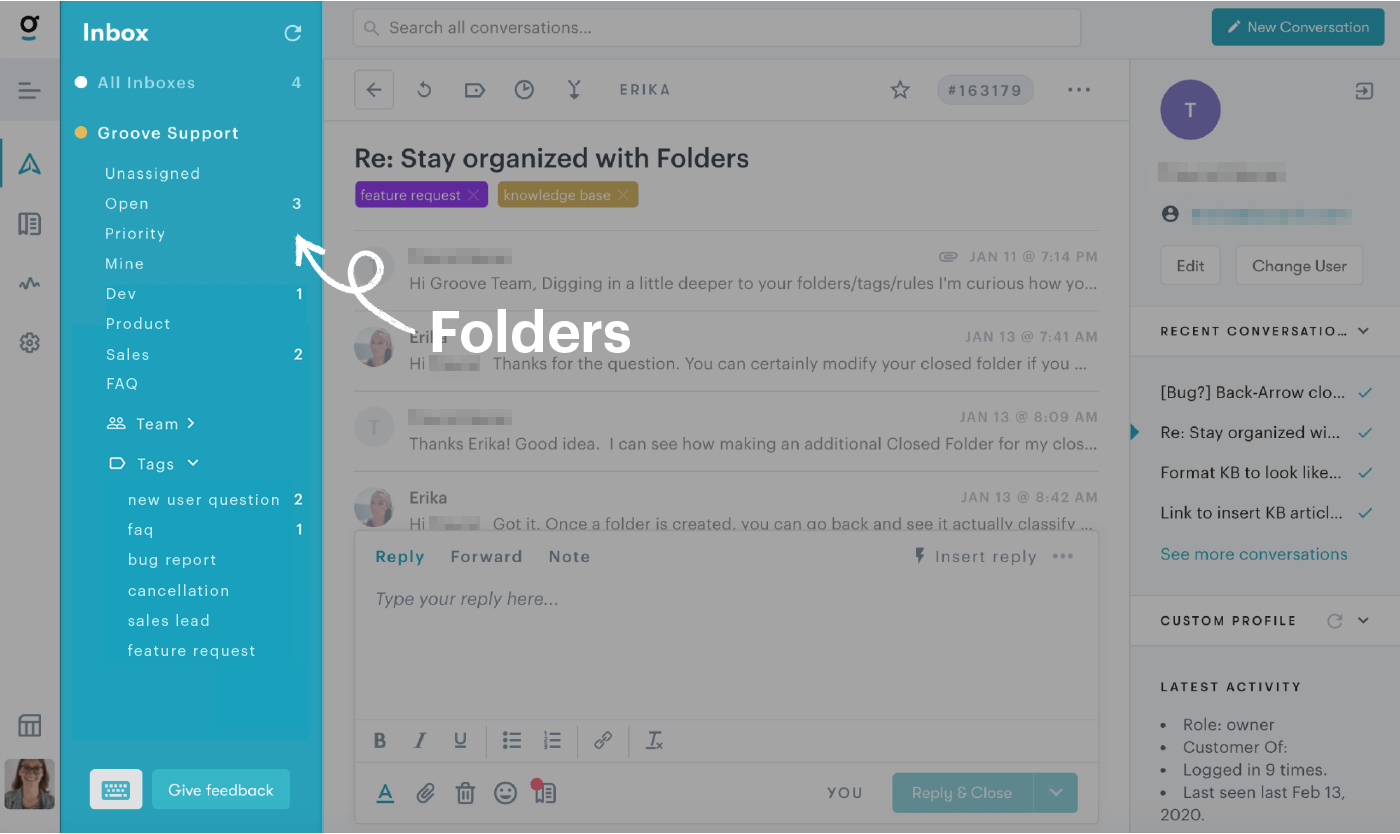 screenshot of how we use folders in groove for small business customer service