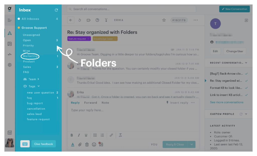 shared inbox with folders from customer support software