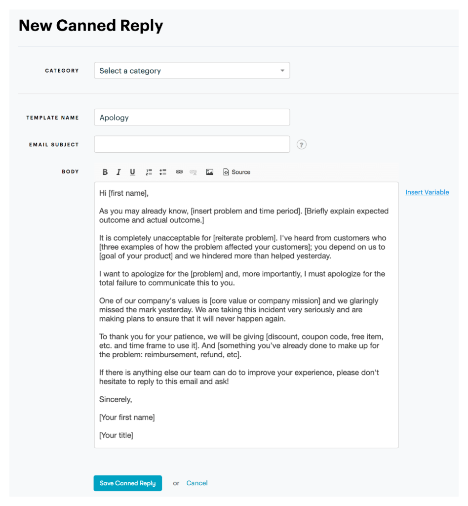 business apology email example for customer service canned reply