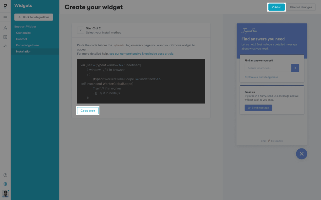  how to add a web widget with copy code in Groove