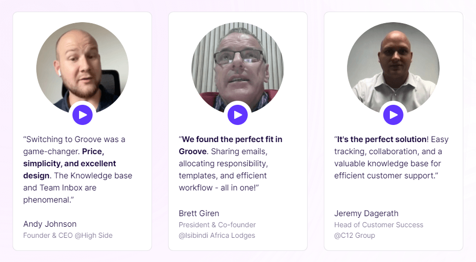 Testimonials for the Groove customer support platform.