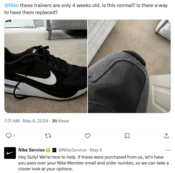 An example of Nike handling a customer complaint via Twitter.